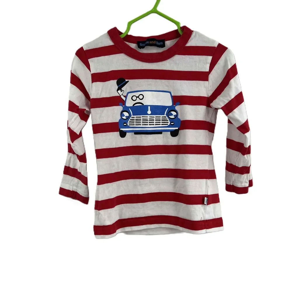 Sophie And Sam Red White Striped Long‎ Sleeve Shirt Car Graphic Kids Size 24M
